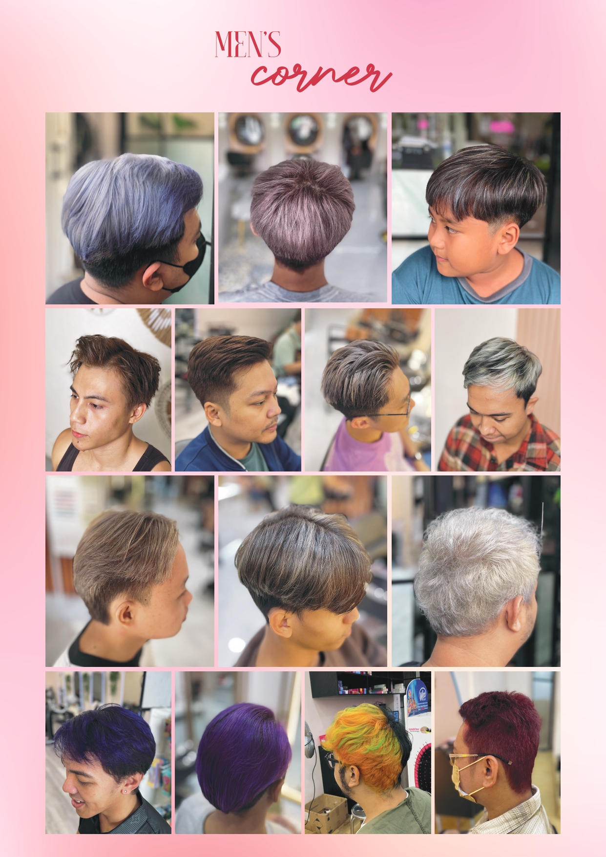 Koleksi warna rambut pria (men's corner) di Moir Salon: silver, ash grey, platinum, ungu, dan rambut warna-warni