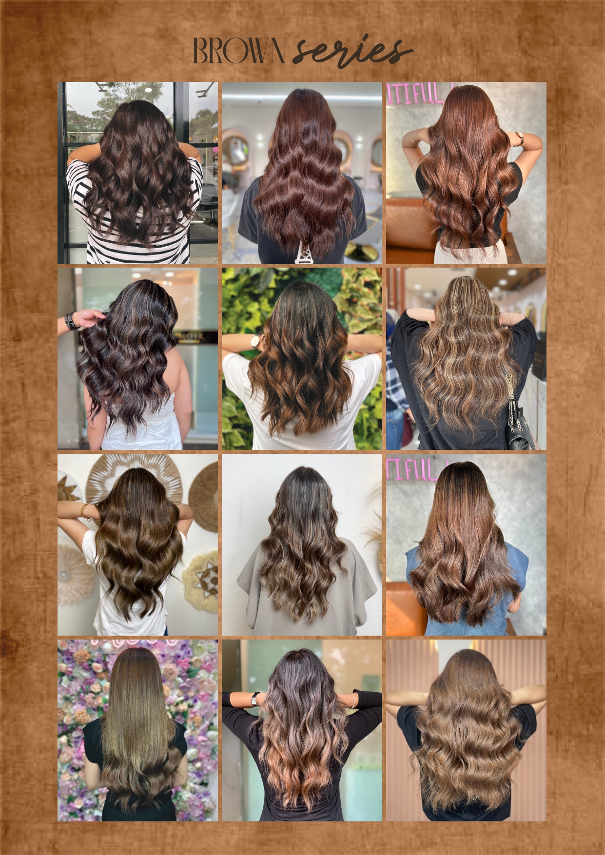 Koleksi hasil pewarnaan rambut Brown Series di booklet color Moir Salon
