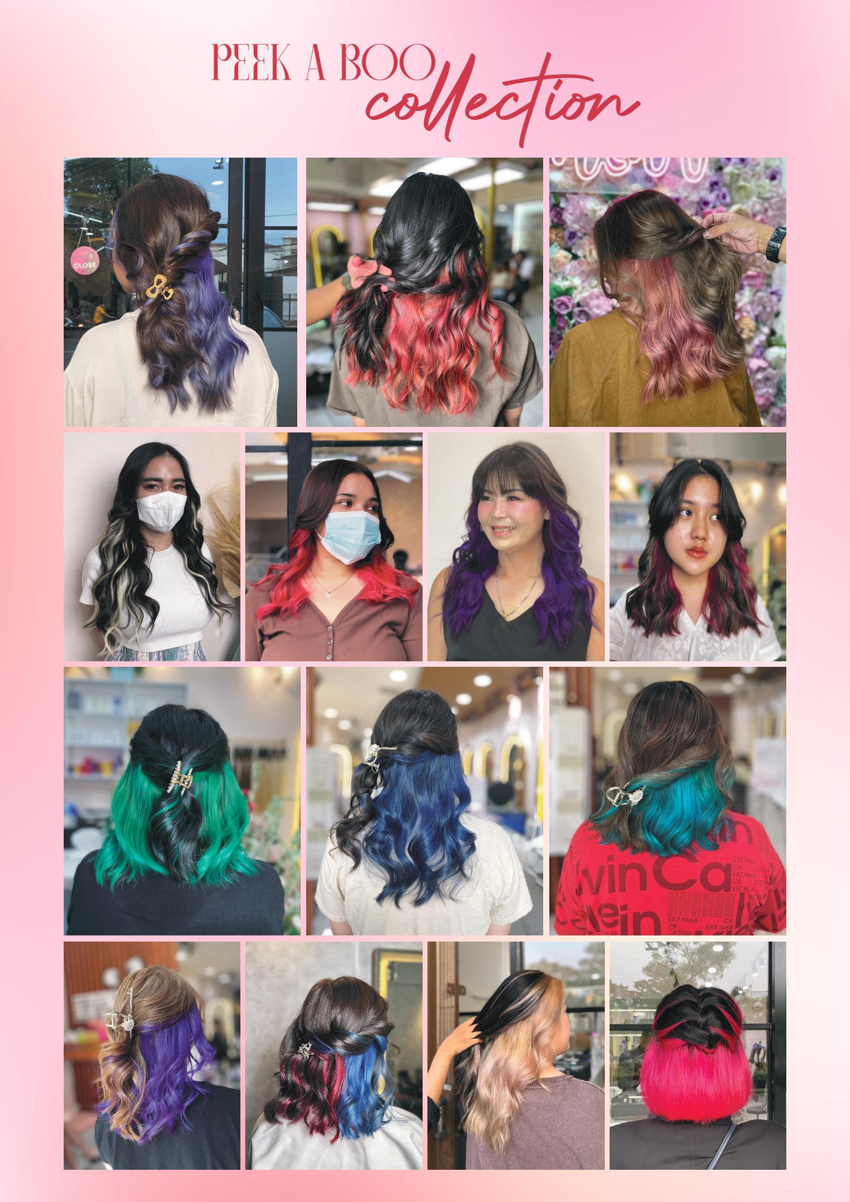 Koleksi peek a boo color di Moir Salon: hidden color ungu, merah, biru, hijau, dan pink di bawah rambut