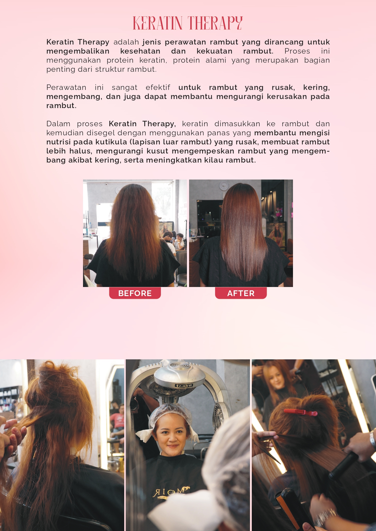 Before after Keratin Therapy rambut sehat dan berkilau di Moir Salon