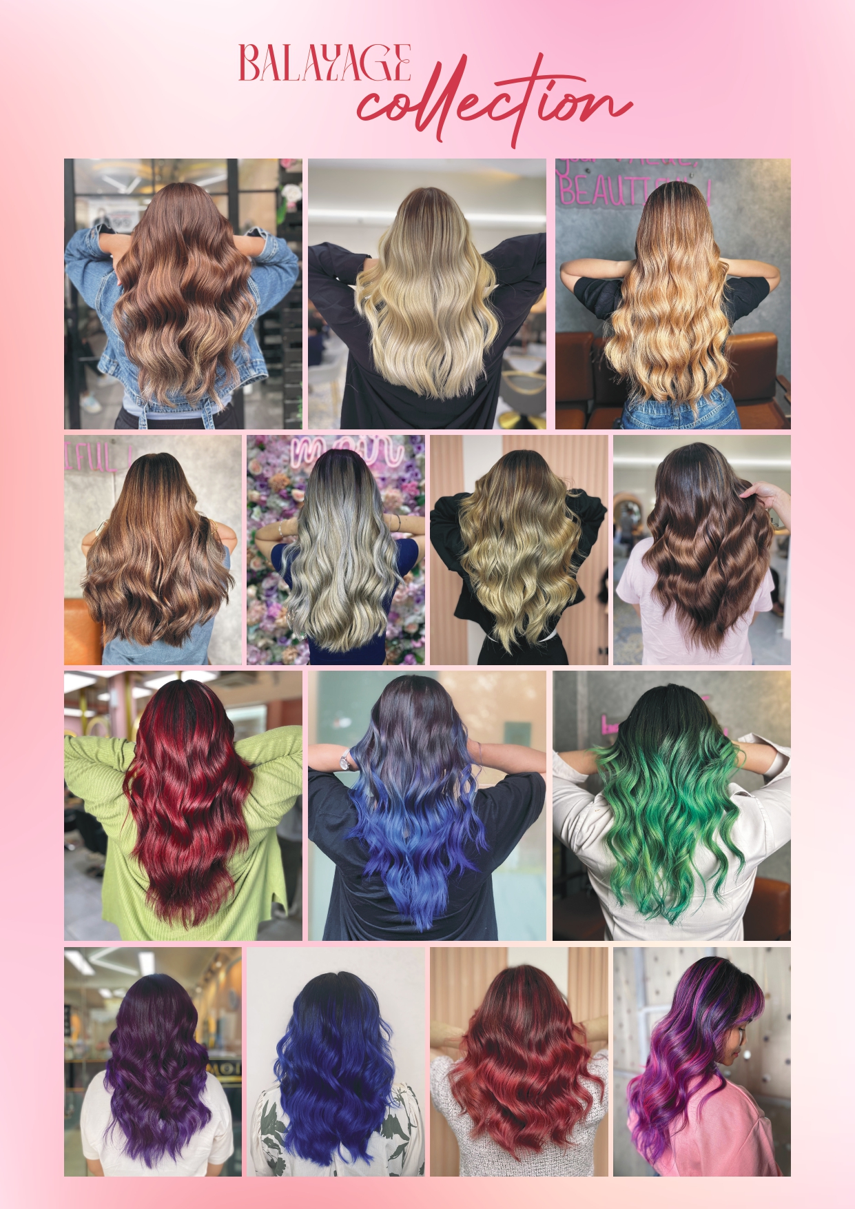 Koleksi balayage di Moir Salon: balayage caramel brown, ash blonde, merah, biru, dan ungu pada rambut panjang