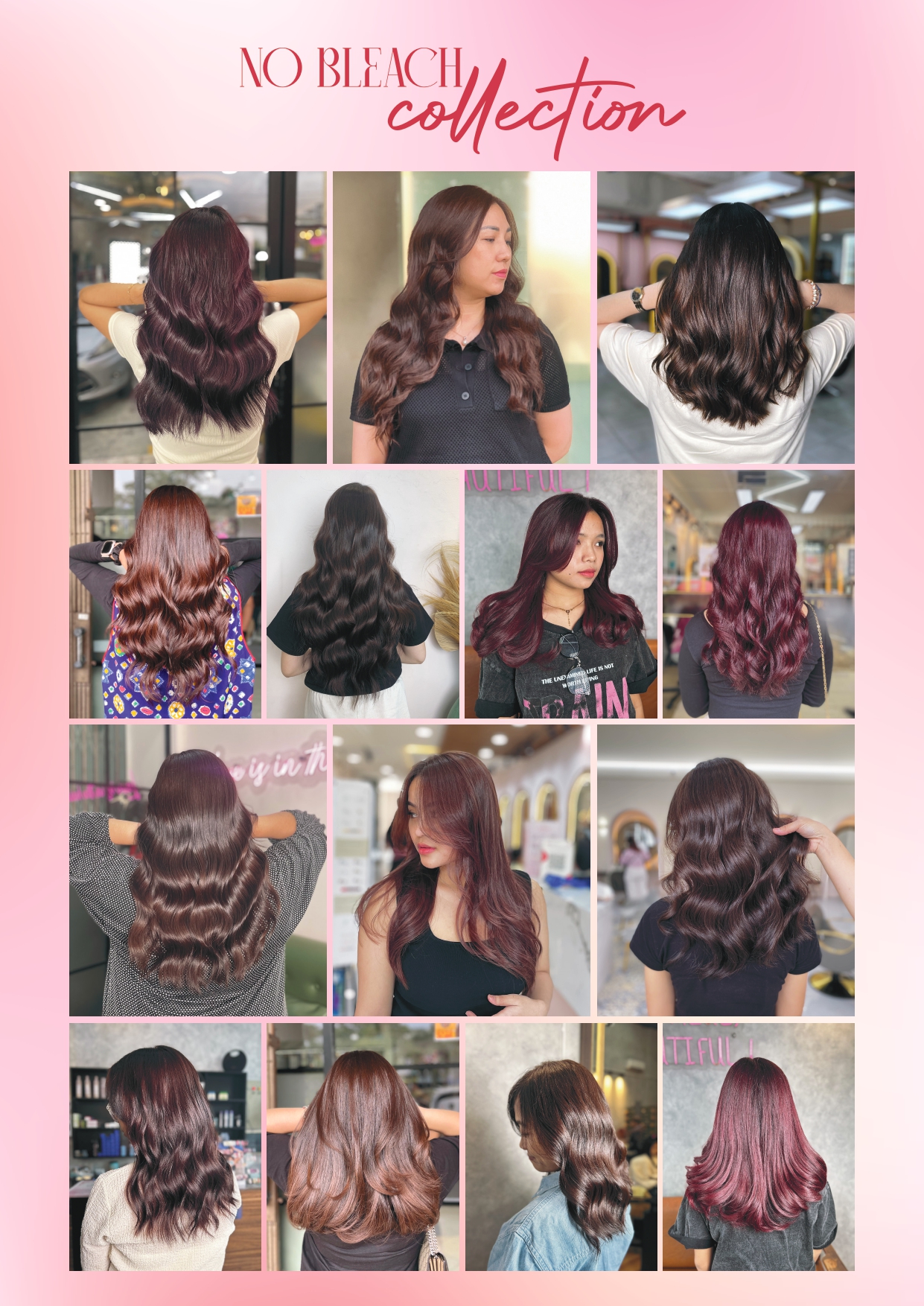 Hasil hair color koleksi tanpa bleach (no bleach) di Moir Salon, warna burgundy, merah maroon, dan cokelat kemerahan pada rambut panjang