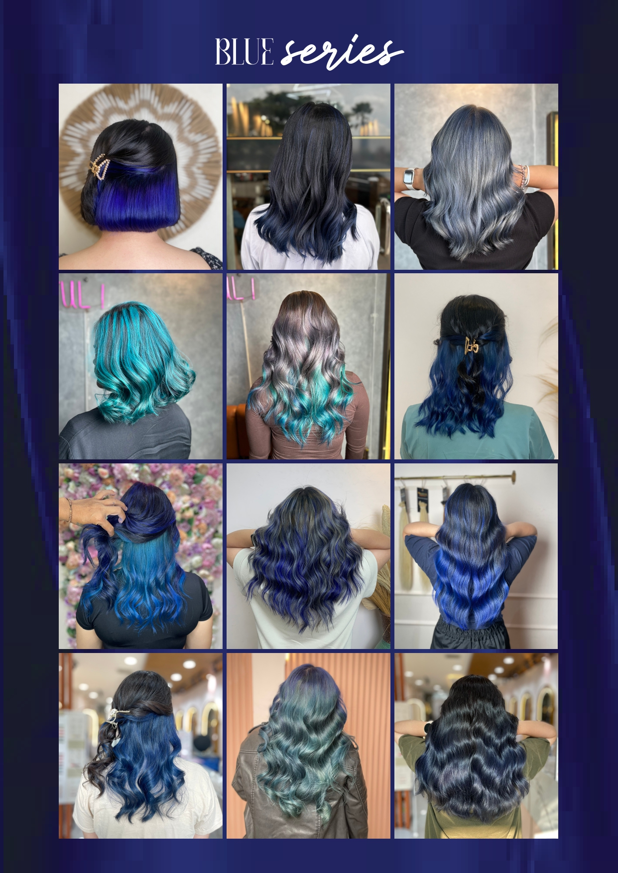 Koleksi hasil pewarnaan rambut Blue Series di booklet color Moir Salon