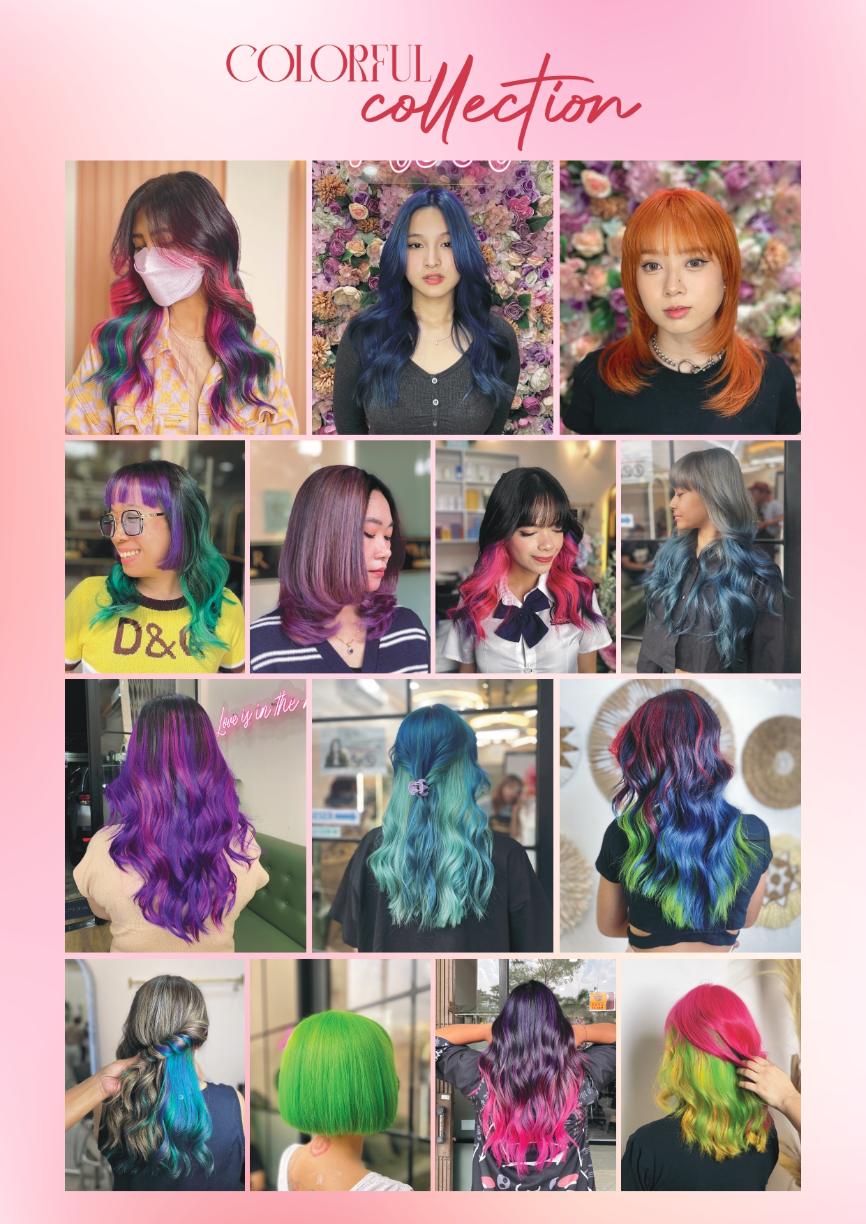 Koleksi fashion color warna-warni di Moir Salon: rambut biru, ungu, hijau, pink, dan oranye