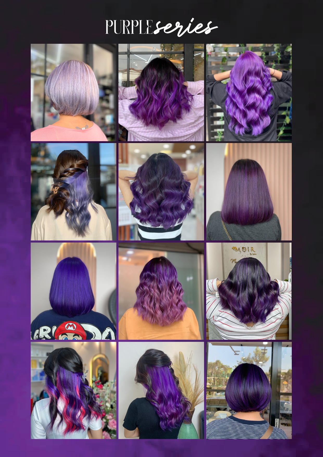 Koleksi hasil pewarnaan rambut Purple Series di booklet color Moir Salon