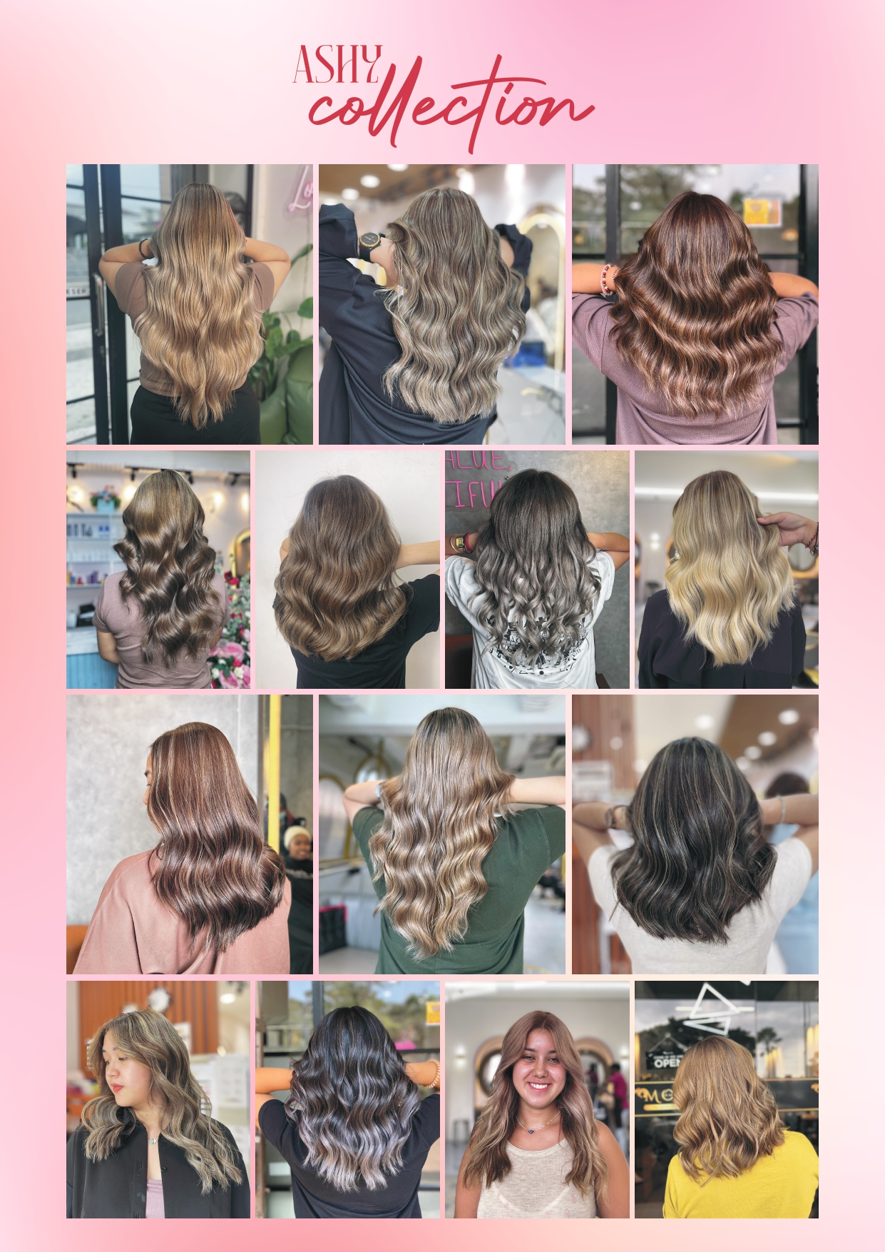 Koleksi warna rambut ashy di Moir Salon: ash blonde, ash brown, dan smoky brown pada rambut panjang bergelombang