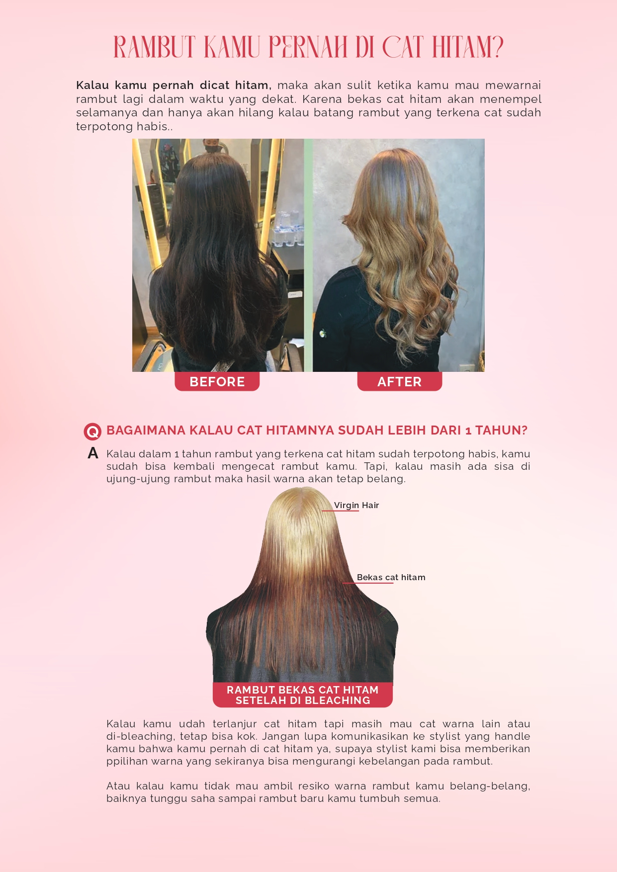 Transformasi rambut dari warna hitam bekas cat menjadi blonde setelah proses di salon Moir
