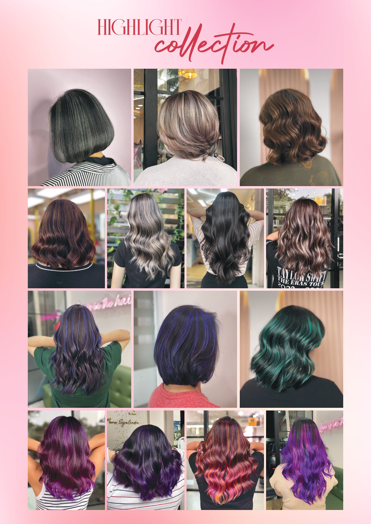 Koleksi highlight di Moir Salon: highlight ash, ungu, hijau emerald, dan magenta pada rambut pendek hingga panjang